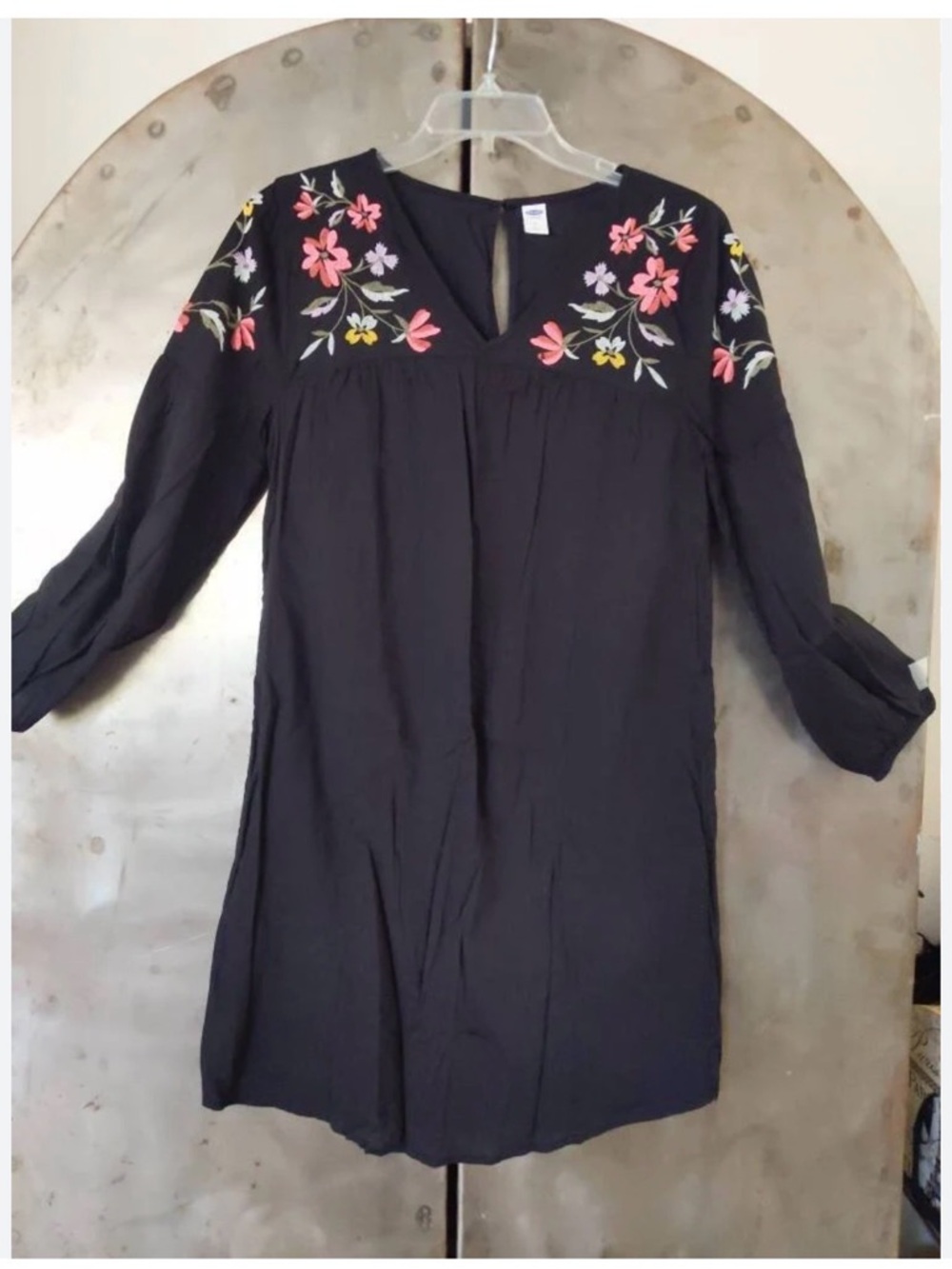 Old Navy Black Long-Sleeve Shift Dress with Pink & Yellow Floral Embroidery